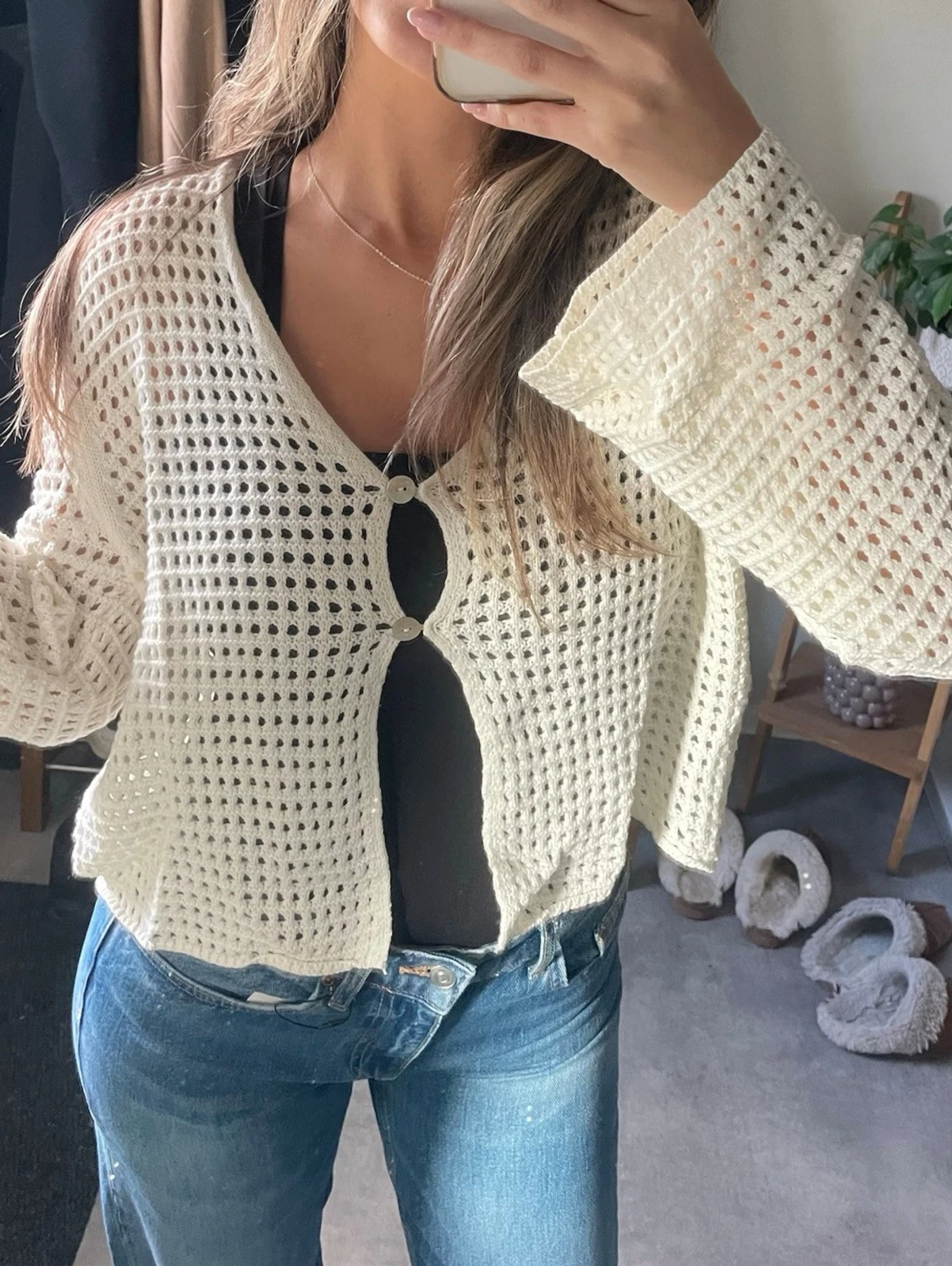 Vit virkad cardigan med knappar - 5