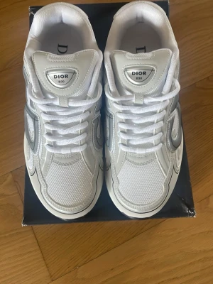 Vita D- B30 sneakers - Snygga vita D- B30 sneakers med gråa detaljer och tydlig D-logga på sidan. Skorna har en modern och sportig design med mesh och läderpaneler samt tjock vit sula. Perfekta för dig som vill sticka ut med exklusiva och trendiga sneakers. Skokartongen är lite skryngklig men skorna är i bästa skick 