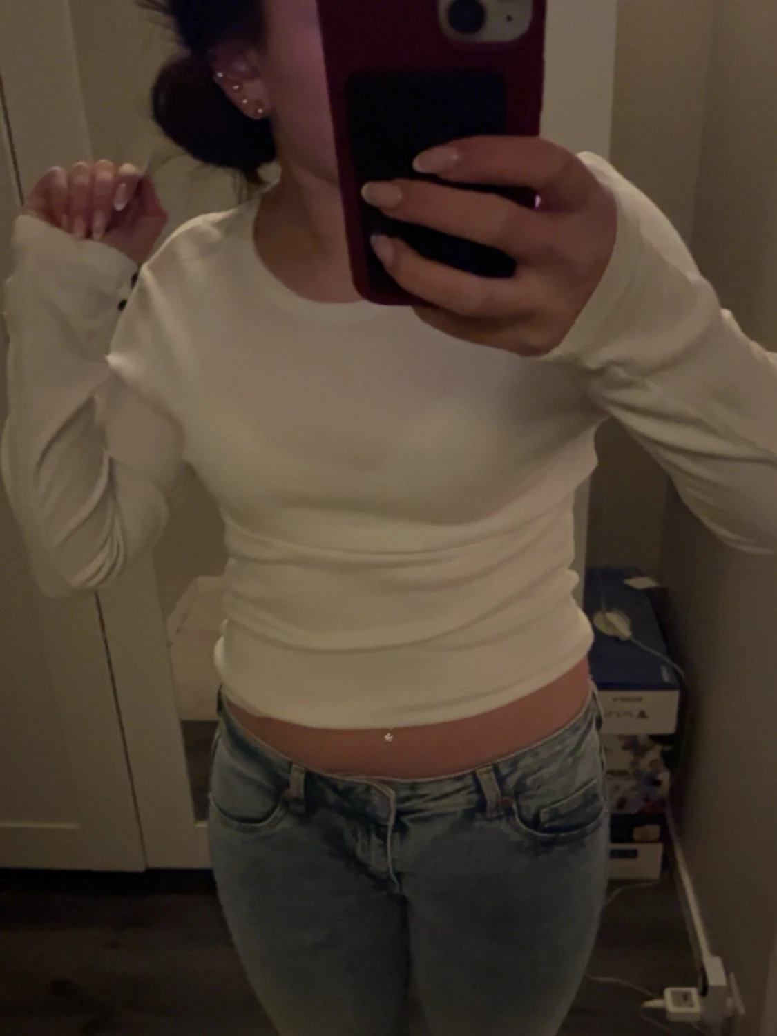 Vit ribbad långärmad topp