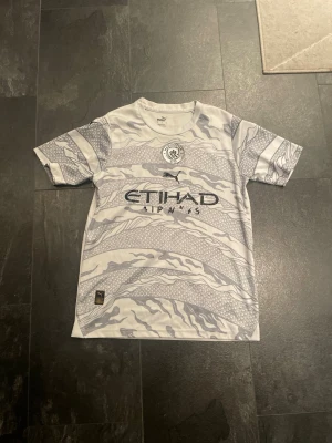 Manchester City bortatröja Puma - Säljer en Manchester City bortatröja från Puma i vitt och ljusgrått med grafiskt mönster. Tröjan har rund hals, korta ärmar och klubbmärke samt sponsortryck på bröstet. Perfekt för dig som älskar fotboll och vill ha en snygg supportertröja.