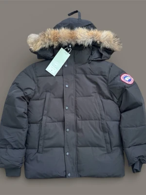 Svart dunjacka från Canada Goose - Säljer en svart dunjacka från Canada Goose med avtagbar huva och snygg pälskant. Jackan har två stora snedställda fickor framtill, ribbade muddar och klassisk patch på ärmen. Perfekt för kalla vinterdagar och riktigt varm.