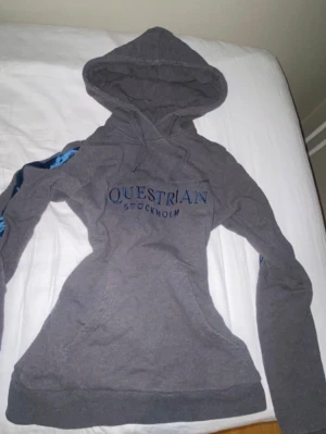 Grå hoodie från Equestrian Stockholm - Snygg grå hoodie från Equestrian Stockholm med blå broderad text på bröstet. Hoodien har huva med dragsko och en stor magficka. Tillverkad i mjukt material som känns skönt mot huden. Perfekt för dig som gillar stilren och sportig look. Priset kan diskuteras. Jag har bara andvänd 1-2 gånger.
