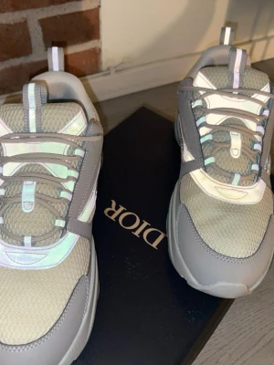 Dior B22 sneakers i grå och beige - Säljer ett par Dior B22 sneakers i grått och beige med vita och reflekterande detaljer. Skorna har chunky sula, mesh- och läderpaneler samt logga på sidan. Perfekta för dig som gillar exklusiva och trendiga sneakers med modern design.