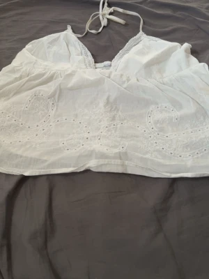 Vit broderad somrig crop top - Säljer en vit crop top med tunna axelband som knyts i nacken. Toppen har fina broderade detaljer och hålmönster i paisleystil samt spetskant vid urringningen. Perfekt för varma dagar och festivaler.