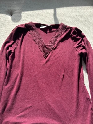 Vinröd långärmad topp Gina Tricot - Vinröd långärmad topp från Gina Tricot med v-ringning och spetsdetaljer runt halsen. Tillverkad i mjuk bomullsmix som känns skön mot huden. Perfekt att styla med jeans eller kjol för en snygg look.
