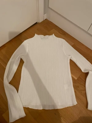 Vit ribbad långärmad topp BikBok - Säljer en vit ribbad långärmad topp från BikBok i storlek XS. Toppen har en högre hals och är tillverkad i ett stretchigt material som sitter snyggt på kroppen. Perfekt att styla med jeans eller kjol för en clean look.