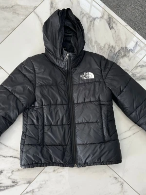 Svart pufferjacka från The North Face - Snygg svart pufferjacka från The North Face med huva och dragkedja framtill. Jackan har två sidofickor och logga på både bröstet och ryggen. Tillverkad i ett glansigt, vadderat material som håller värmen under kalla dagar.