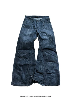 nvr flare jeans - @newvanguardrevolution  1-of-1 denim. Handmade in Stockholm from reclaimed materials. No restocks. No repeats. Available on Vinted & Plick, or via Instagram DMs.  Measurements Waist (A): 39cm Thigh (B): 23cm Leg Opening (C): 32cm Inseam (D): 65cm Outseam (E): 96cm