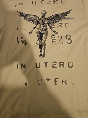 Beige t-shirt med In Utero-tryck - Säljer en beige t-shirt med ett stort tryck av en anatomisk ängel och texten 'IN UTERO' på framsidan. T-shirten har klassisk passform och korta ärmar. Perfekt för dig som gillar bandmerch och unika motiv. Har aldrig använt den bara helt NY