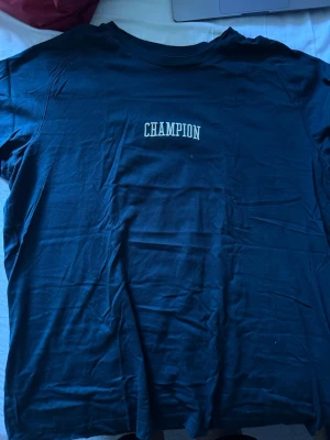 Svart Champion t-shirt i bomull - Snygg svart t-shirt från Champion med broderad logga på bröstet. Klassisk passform och rund halsringning. Tillverkad i mjuk bomull som är skön att bära hela dagen. Mörkgrön blandat med blå