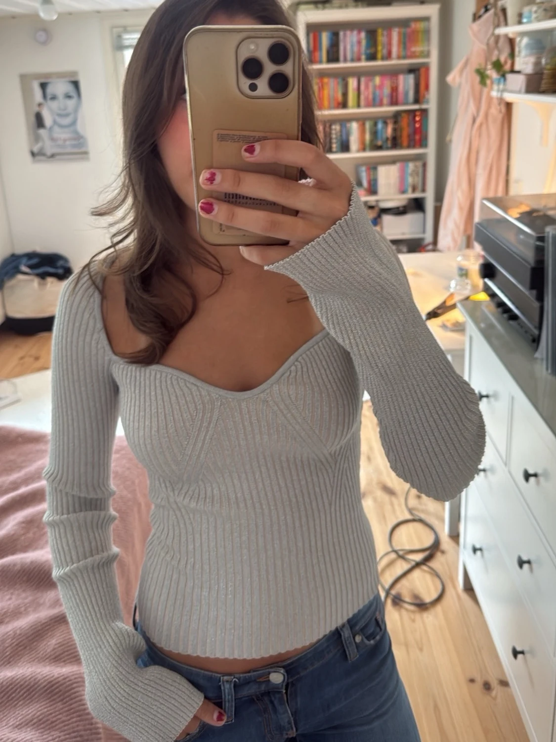Ljusgrå ribbad sweetheart topp