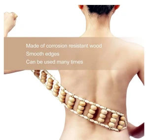 Trämassagerulle med handtag - En portabel massagerulle i trä med 12 släta kulor på rep, perfekt för att massera rygg, ben och andra delar av kroppen. Tillverkad av korrosionsbeständigt trä med rundade kanter för bekväm användning. Enkel att använda och ta med sig.