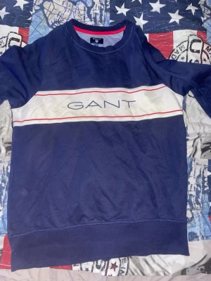 Blå sweatshirt från GANT med logga - Säljer en blå sweatshirt från GANT med vit panel och röd detalj över bröstet där GANT-loggan är tryckt. Tröjan har rund halsringning och långa ärmar. Perfekt för en avslappnad och stilren look.