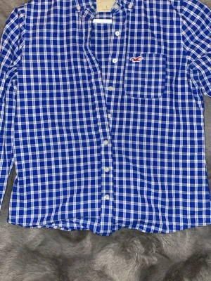 Blårutig skjorta från Hollister - Säljer en blårutig skjorta från Hollister med klassisk knappstängning och bröstficka med broderad logga. Längd:59 midjan 45