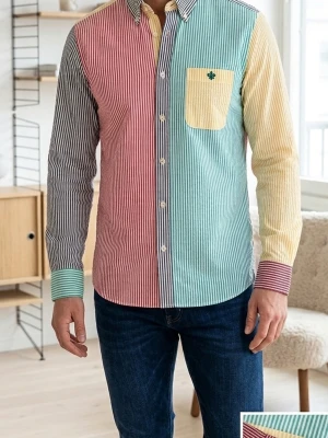 Flerfärgad randig skjorta från Morris  - Säljer en långärmad skjorta från Morris med färgblock i blått, rött, grönt och gult. Skjortan har smala ränder, klassisk krage, bröstficka med liten logga och knappar framtill. Perfekt för dig som gillar färg och vill sticka ut.