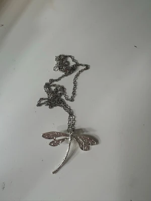 Halsband med trollslända i silverfärg - Säljer ett halsband med en tunn kedja i silverfärg och ett stort hänge i form av en trollslända. Hänget har detaljerade vingar och ger ett coolt och unikt intryck. Perfekt accessoar för dig som gillar naturinspirerade smycken.