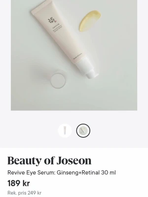 Beauty of Joseon Revive Eye Serum - Revive Eye Serum från Beauty of Joseon med ginseng och retinal i en stilren, ljusbeige tub på 30 ml. Perfekt för dig som vill boosta huden runt ögonen med koreansk hudvård. Tuben har en smidig pump och minimalistisk design. Använd fåtal gånger 🫰