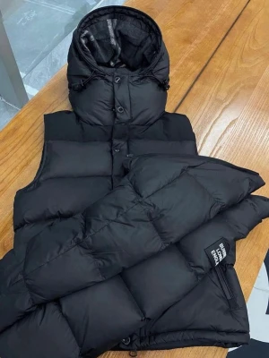 Svart dunjacka med huva Burberry - Snygg svart dunjacka från Burberry med avtagbar huva och dragkedja samt knappar framtill. Jackan har två framfickor med dragkedja och en patch med Burberry-logga på ärmen. Perfekt för kalla vinterdagar och riktigt stilren look.