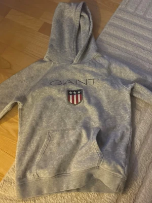 Grå hoodie från GANT med logga - Snygg grå hoodie från GANT med broderad logga och amerikanskinspirerat sköldmärke på bröstet. Klassisk känguruficka framtill och stor huva. Tillverkad i mjukt sweatshirtmaterial som är perfekt för en avslappnad stil. Den har två små färgfläckar på underarmen 