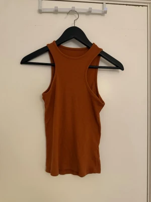 Rostbrun ribbad linnetopp - Säljer en enkel och snygg rostbrun ribbad linnetopp. Toppen är ärmlös och har en rund halsringning. Perfekt att matcha med jeans eller kjol för en avslappnad look.