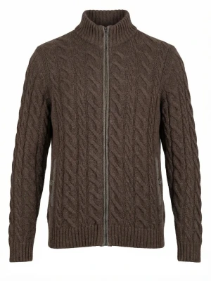 Brun kabelstickad kofta från Corneliani - Snygg brun kabelstickad kofta från Corneliani med hel dragkedja och hög krage. Koftan är tillverkad i ett mjukt och varmt material, perfekt för kyliga dagar. Ribbstickade muddar och diskreta fickor på sidorna ger en stilren look.