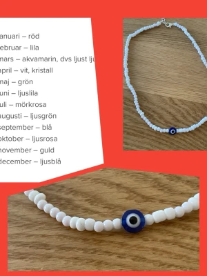 By prisförslag- Vitt pärlarmband med valfri färg öga - Välj färg efter ”din” månad. Snyggt armband med vita pärlor och ett valfri färg på ögat i mitten. Armbandet har en enkel och stilren design med små runda pärlor och ett justerbart lås. Perfekt accessoar för att addera lite edge till din stil.