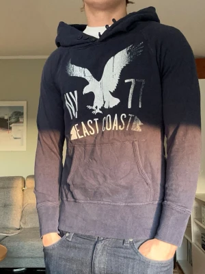 American eagle hoodie - Snygg hoodie från American eagle med knappar vid halsen😁Den är marinblå och är i bra skick! Sitter som storlek S på en man, modellen är 176cm lång. Skicka gärna frågor! Mvh