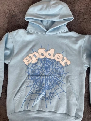 Ljusblå Sp5der hoodie med tryck -            !PRIS KAN DISKUTERAS!                                     Ljusblå hoodie från Sp5der med stor spindelnätsgrafik och fluffig logga framtill. Klassisk känguruficka och huva. Perfekt för dig som gillar streetwear och vill sticka ut med en unik design. Den har aldrig använts ute eller någonstans jag personligen har bara testat den och aldrig tyckt om den, den är som helt ny!
