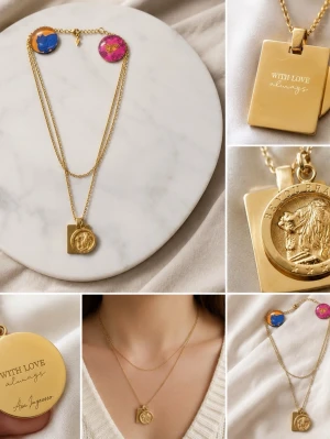 Guldigt dubbelt halsband mockberg av Åsa Ingrosso - Mockberg av Åsa Ingrosso. Stilrent dubbelt halsband i guldton med två hängen: ett runt med lejonmotiv och texten 'BE YOU BRAVE', samt ett fyrkantigt med gravyr 'WITH LOVE always'. Kedjan är tunn och elegant, perfekt för att ge din outfit en personlig touch.