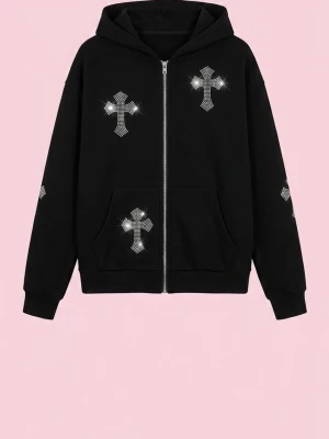 Svart hoodie med strasskors och dragkedja - Svart hoodie med huva och dragkedja framtill, dekorerad med flera glittriga strasskors på bröstet, ärmen och fickan. Mjuk bomullskänsla och snörning i huvan.