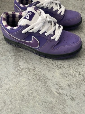 Nike SB Dunk Low Purple - Nike SB Dunk Low sneakers i lila läder med vita detaljer och svart sula. Skorna har vita skosnören och ett rutigt innerfoder i lila och vitt med blommönster. Klassisk Nike Swoosh på sidan och perforerad tå för extra ventilation.