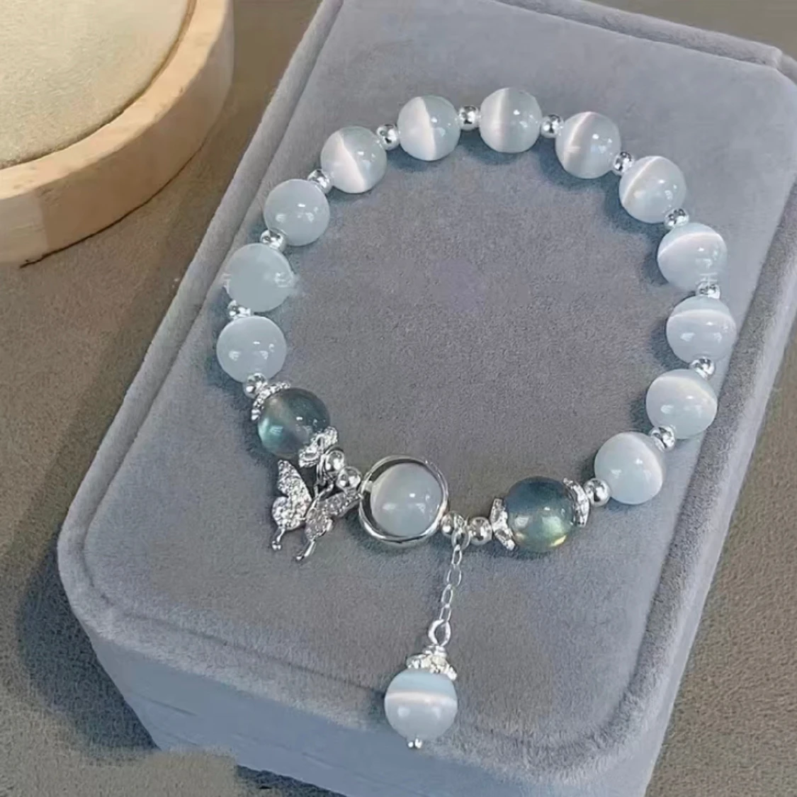 1 St Söt Glas Kattöga Sten Fjärilshänge Pärlarmband, Grått Månsken Stort 8 Mm Handsnöre, Trendig Smyckespresent För Tjejer - 91