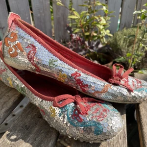 Replay ballerina - Läckra skinnskor med unik look. Helt klädda med silverpaljetter och röda kanter. Dekorationer i gult, orange, rött och turkos. Bra skick. Några paljetter fattas men det är inget som märks. Så snygga till jeans. Har förvarats i skopåse.