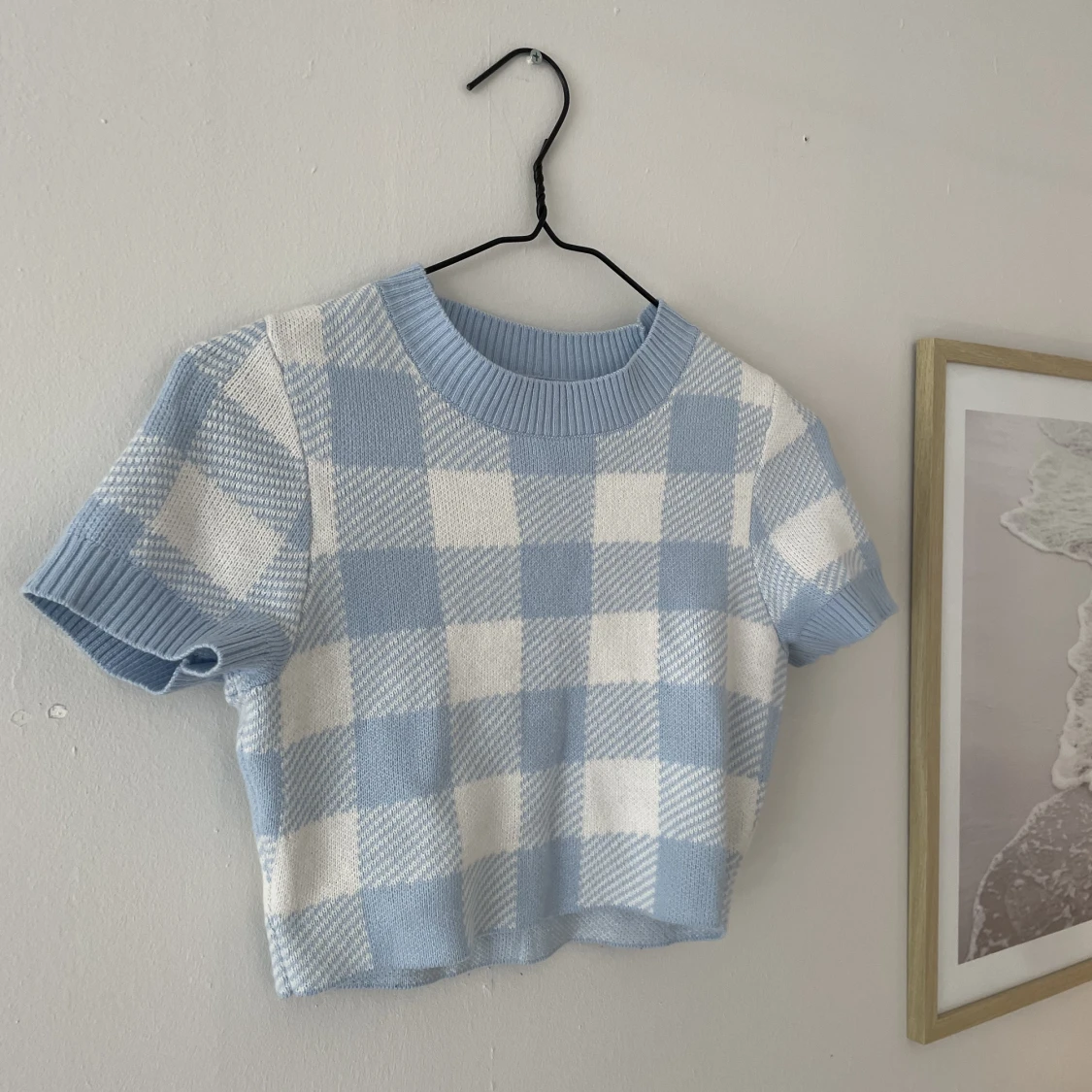 Blå-rutig pastel tshirt - 90