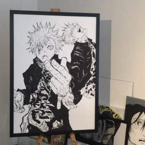 Drawing of the jujutsu kaisen character Gojo on thick paper with the size 70cm x 50cm put in black Ikea frame