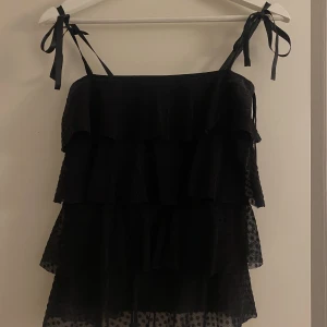 Svart topp🤗 - Svart fest/vardags topp som kan användas som offshoulder om banden viks in! Söta rosetter som knyts utav banden över axlarna och ett prickigt (?) mönster! 