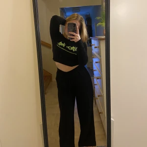 Svart magtröja med grönt tryck  - Jättefin tröja som går att göra sjuka outfits med. Den har blivit lite urtvättad i trycket och därav reducerat pris:) Det ultimata för tröjan vore ett par cargo, smycken, glajor och så är vi där vi vill va. 