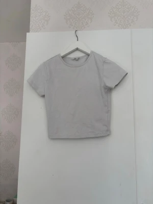 Ljusgrå croppad t-shirt - En enkel och stilren ljusgrå croppad t-shirt med rund halsringning och korta ärmar. Perfekt till jeans eller kjol för en avslappnad look.