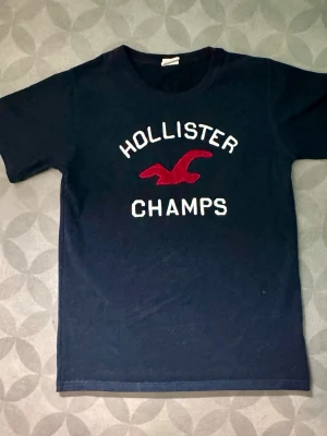Hollister t-shirt - Snygg mörkblå t-shirt från Hollister med vit och röd text och logga på bröstet. Klassisk passform och rund halsringning. Perfekt till jeans eller shorts för en avslappnad stil.