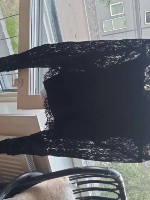 Svart topp, genomskinlig vid armarna - Svart spetströja med långa ärmar och rund halsringning. Toppen har en figurnära passform och är genomskinlig.   Det är lite trådar som hänger ifrån den på grund av materialet, men det är bara att klippa bort.