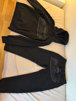 Trapstar tracksuit svart - Säljer ett par svarta mjukisbyxor från Trapstar med stort tryck framtill där det står 'Trapstar Shooters' och en pantergrafik. Byxorna har resår i midjan med dragsko och muddar vid bensluten. Perfekta för en chill och streetwear-inspirerad look. Några funderingar? Skriv i DM