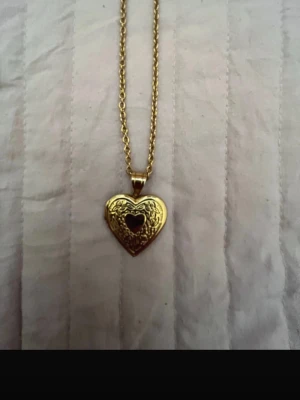 Guldigt hjärthalsband med mönster - Snyggt halsband i guldfärg med ett hjärtformat hänge. Hänget har ett detaljerat mönster och ett litet hjärta i mitten. Kedjan är tunn och elegant, perfekt för att ge en romantisk touch till din stil. Materialet ser ut att vara metall.