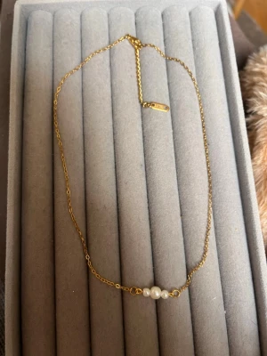 Guldhalsband med pärlor - Snyggt och stilrent halsband i guldtonat rostfritt stål med tre små vita pärlor i mitten. Kedjan är tunn och har en enkel design som passar till många olika stilar. Perfekt accessoar för dig som gillar minimalistiska smycken.