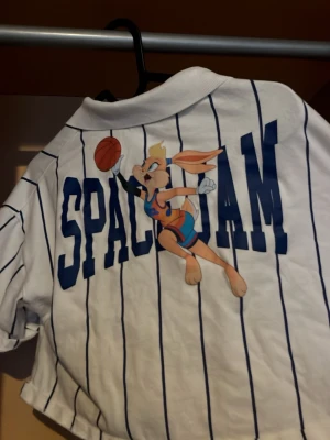 Space Jam randig t-shirt - Vit t-shirt med blåa ränder och stort Space Jam-tryck på ryggen med Lola Bunny som dunkar basketboll. Croppad modell med korta ärmar och patch på ärmen där det står 'Tune Squad Welcome to the Jam'. Perfekt för dig som gillar retro och tecknat. Knappt använd