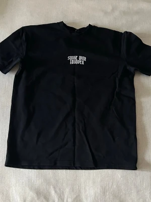 Svart t-shirt med tryck Strike With Thunder - Cool svart t-shirt med texten 'Strike With Thunder' på bröstet och stort grafiskt tryck på ryggen med staty-motiv och text. T-shirten har normal passform och korta ärmar. Perfekt för dig som gillar streetwear och statement-plagg. Storlek xs men passar s och kanske m till och med! Skriv för fler frågor!