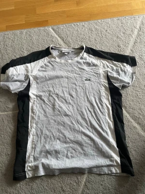 Grå och svart t-shirt från Lacoste - Snygg grå t-shirt från Lacoste med svarta och vita paneler på sidorna och ärmarna. Klassisk rund halsringning och den ikoniska krokodilloggan på bröstet. Regular fit och tillverkad i mjuk bomull, perfekt för en avslappnad stil.