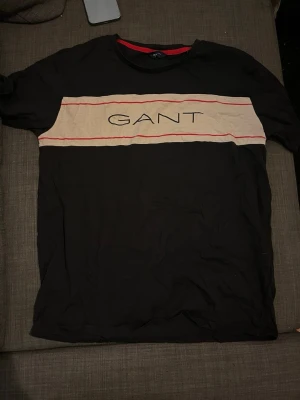Svart GANT t-shirt med beige band - Snygg svart t-shirt från GANT med ett brett beige band över bröstet och röda linjer. GANT-loggan är tryckt i svart på det beige bandet. Rund halsringning med röd insida. Perfekt för en stilren och avslappnad look.