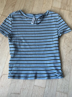Randig ribbad t-shirt från H&M Divided - Säljer en ribbad t-shirt från H&M Divided med blå, vita och svarta horisontella ränder. T-shirten har korta ärmar och en klassisk rund halsringning. Perfekt till jeans eller kjol för en avslappnad look.