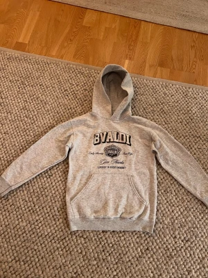 Grå hoodie med BVALDI-tryck - Snygg grå hoodie från BVALDI med stor huva och magficka. Tryck på bröstet med texten 'BVALDI', 'Give Thanks' och 'Luxury in every moment'. Perfekt för chill dagar och streetwear-stil. Mjuk bomullskänsla och ribbade muddar vid ärmar och midja.
