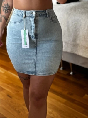 Jeanskjol - Jeanskjol från Gina Tricot i storlek M. Helt ny med prislapp kvar och aldrig använd. Säljes då den inte kommer till användning.  Katt finns i hemmet, produkten rollas av så gott det går.